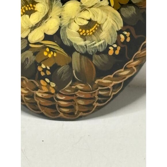 Russian Hand Painted Lacquer Brooch Pin Signed Floral Bird Triangle 2006 - Picture 2 of 7